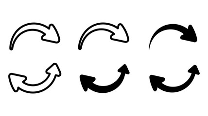 Vector art of collection of curved arrow icons, representing direction, refresh, reload, or navigation in various designs and styles