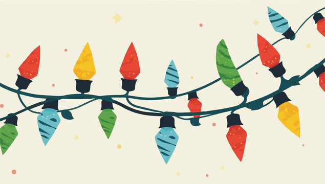 Vector design of A colorful vector illustration of Christmas lights with a flat design, featuring a string of lights with bulbs of varying shapes and sizes, each emitting a soft glow