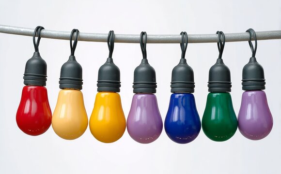 Colorful decorative light bulbs hanging on a wire, showcasing a vibrant array of hues including red, yellow, purple, and green, creating a cheerful ambiance for festive occasions and celebrations