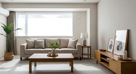 Sunlit contemporary living room features a neutral sofa, wood accents and potted plant.