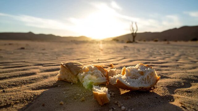 Pieces of broken bread scattered on dry desert sand at sunset, symbolizing scarcity and hunger.