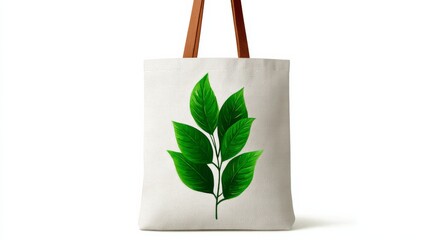 Eco-friendly tote bag featuring vibrant green leaf illustration on a natural canvas background, showcasing sustainable fashion and environmentally conscious design for everyday use and shopping