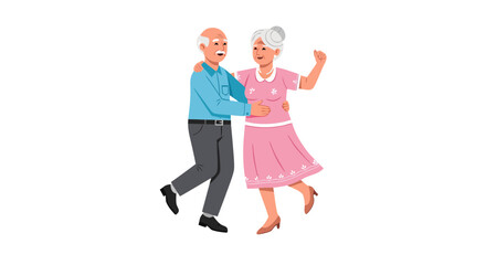 Joyful elderly couple dancing together with arms around each other, celebrating a happy life milestone with energetic movement