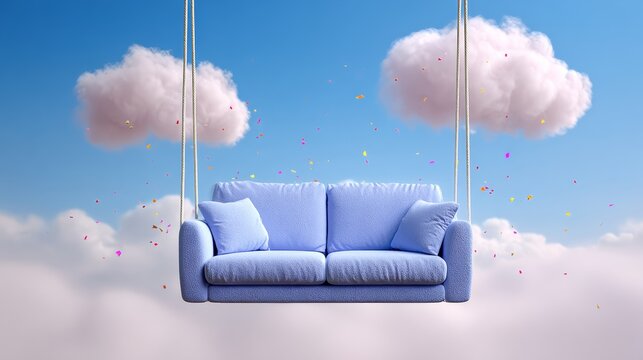 Blue sofa suspended in the sky among fluffy clouds, surrounded by colorful confetti, creating a whimsical and dreamy atmosphere, perfect for imaginative and creative design concepts