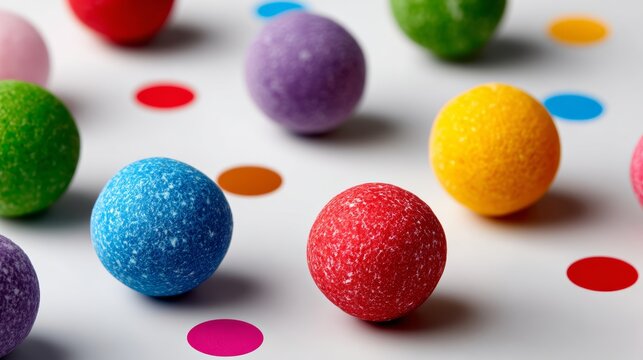 Colorful textured balls scattered on a white surface, surrounded by vibrant circular dots, creating a playful and cheerful atmosphere, ideal for backgrounds and design projects with copy space - Powered by Adobe