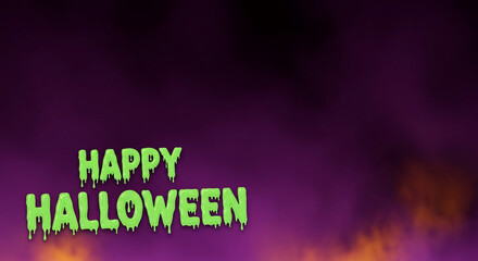 "Happy Halloween" text in green slime font against purple and orange fog background, representing festive holiday mood and spooky, playful celebration