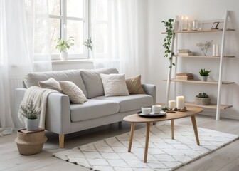 Naklejka premium Cozy scandinavian living room with sofa and coffee table