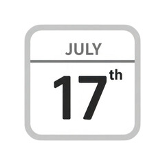 Fototapeta premium Stylized black and white calendar icon showing july seventeenth isolated on transparent background