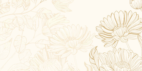 Elegant golden outline flowers and leaves on a creamy beige background