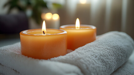 Two warm glowing candles sit on a fluffy white towel with soft bokeh background creating a serene spa atmosphere