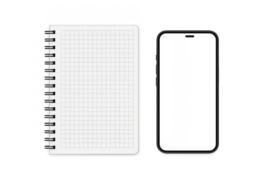 Smartphone mockup showing blank screen next to notepad