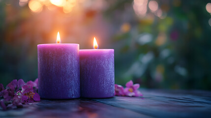 Two glowing purple pillar candles with floral accents on a rustic wooden surface with blurred bokeh background