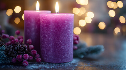 Two glowing purple pillar candles with festive berry and pinecone decorations and soft bokeh lights in the background