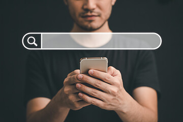 Man using smartphone for online search with search bar concept for internet browsing and information lookup