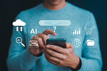 Man using mobile phone for ai search cloud computing and business intelligence technology concept idea 100