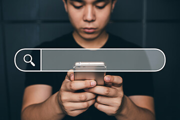 Mobile search concept: man using smartphone with search bar overlay for online information access