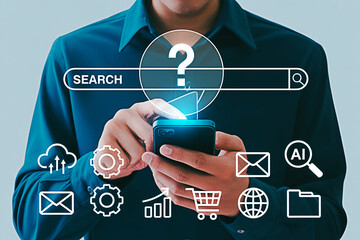 Mobile search technology concept using ai and internet connection for online business and marketing strategy