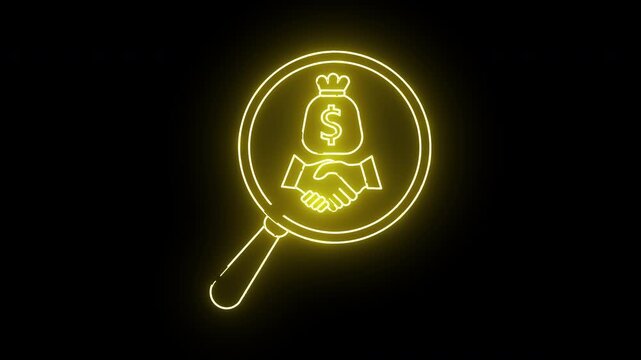 Neon magnifying glass shows a money bag  handshake