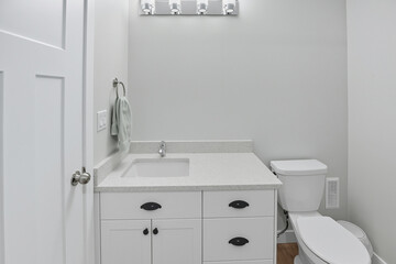 Bathroom with a white toilet, sink, and vanity
