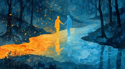 Watercolor of two souls touching hands across a glowing stream.