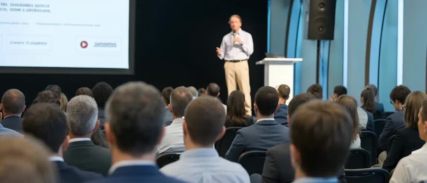 A man presenting to an audience during a conference for the concept of communication.