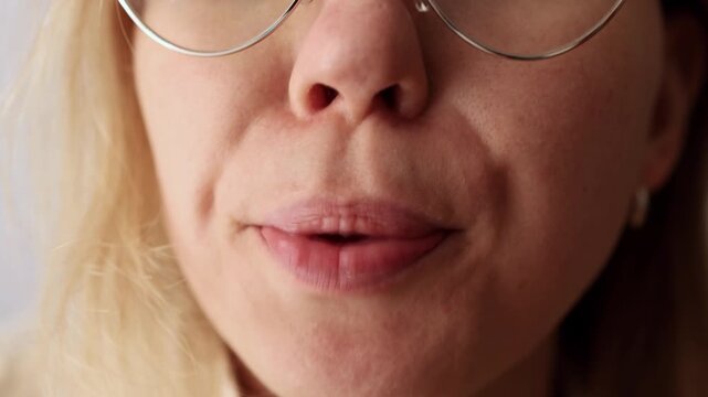 Close-up of female mouth spitting, showing motion and expression.