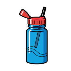 Vector art of blue plastic water bottle with red lid and straw