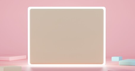 Minimalist 3D beige frame with glowing white border on soft pink — clean, modern stage ideal for product mockups, presentations, or abstract design concepts.