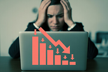 Business woman stressed about falling sales revenue on laptop financial loss graph chart concept image 100