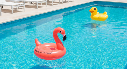 Aerial view of swimming pool with turquoise water and inflatable flamingo and duck, representing vacation, summer fun, and relaxation near the water