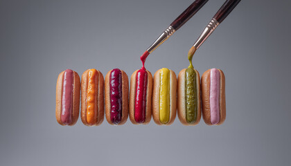 Creative concept of colorful hot dogs painted with bright condiments: ketchup, mustard, relish, and sauces applied with paintbrushes on gray background, food art and modern culinary design