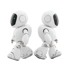 Fototapeta premium Two identical white robots walking png robotics png android png technology png futuristic png ai png machine png humanoid png pair png motion png transparent background image