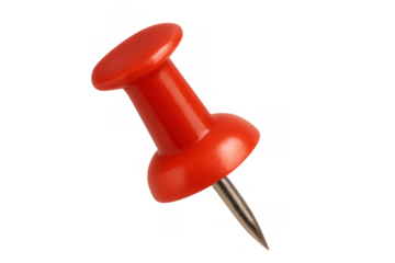 Red plastic push pin sticking out, office thumbtack pointing direction, sharp metal tip, stationery supply isolated