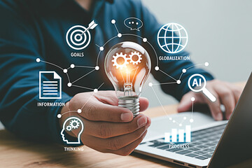 Business innovation and technology concept light bulb with gears ai globalization and progress