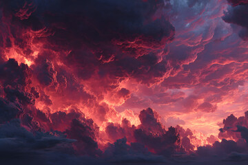 Naklejka premium Dramatic crimson sky filled with dark clouds and flames. Disaster, battle, blast, and fire theme. Terrifying atmosphere. Banner for web with wide red backdrop and design area. Panoramic view.