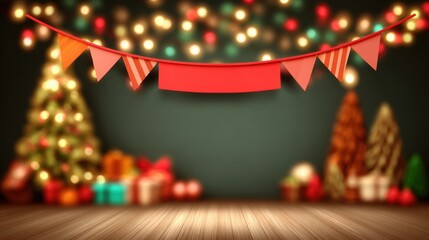 A festive scene featuring a garland, Christmas tree, and colorful presents, creating a warm and celebratory atmosphere.