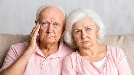 A concerned elderly couple sits closely, displaying expressions of worry and contemplation, highlighting emotions related to aging and life challenges.