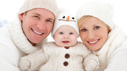 A joyful family portrait featuring parents and their baby, all dressed in cozy, matching winter attire, exuding warmth and happiness.