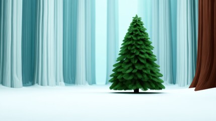A vibrant green tree stands alone in a serene, snow-covered environment, surrounded by tall, stylized blue and brown curtains.