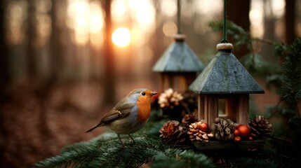 A charming bird perched near decorative birdhouses, surrounded by pinecones and a serene forest backdrop at sunset.