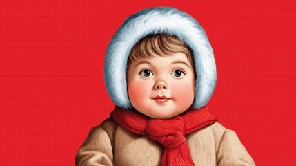 A charming vintage doll dressed warmly with a blue hat and red scarf against a bright red background.