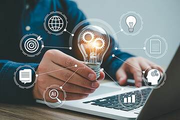 Innovative business solutions concept with lightbulb and gears for creative idea generation online work