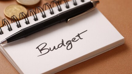 A close-up of a notebook page with the word "Budget" written on it, accompanied by a pen and coins, emphasizing financial planning.