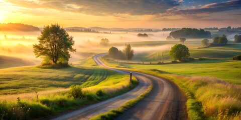 Obraz premium The sun rises over the misty countryside, casting a golden glow on the winding road and green fields, creating a breathtaking and serene landscape at dawn