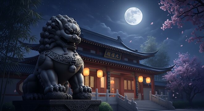 Stone Lion with Temple, Night, and Moon.