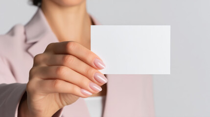 Obraz premium A female hand with elegant pink manicured nails gracefully presents a blank white business card. Ideal for branding, networking, and professional mockup designs with copy space.