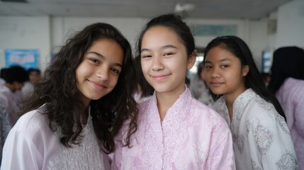 Smiling young asian girls in traditional dresses at cultural event. Culture Day