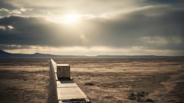 Freight train with single cargo container moving through desolate landscape under dramatic sky