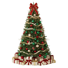 A decorated christmas tree with presents isolated on transparent background