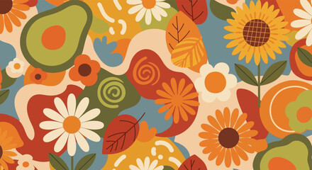Obraz premium Colorful, retro-style pattern with avocados, sunflowers, daisies, and leaves on a light blue background.